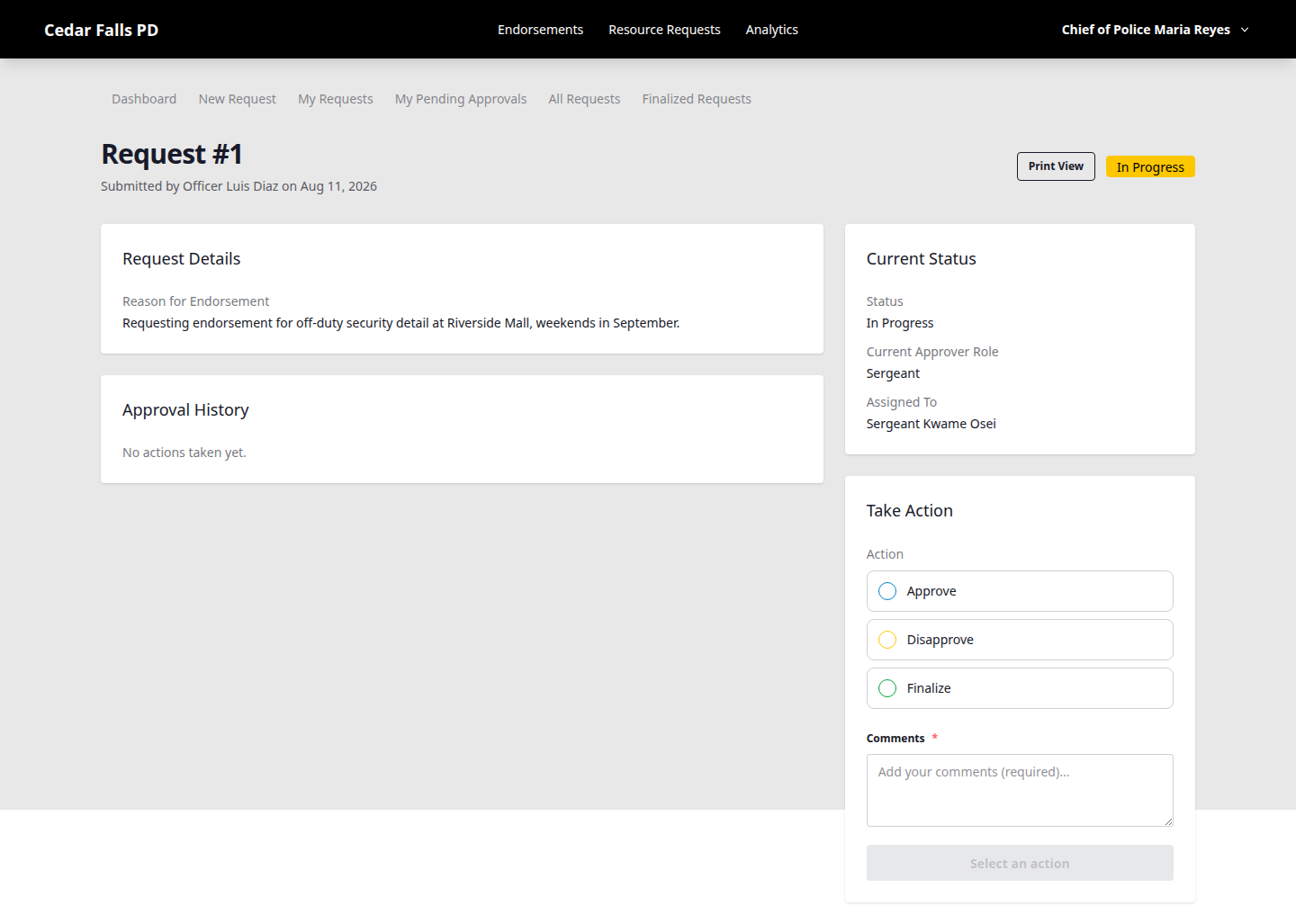 Endorsement request detail page with approval history and action panel