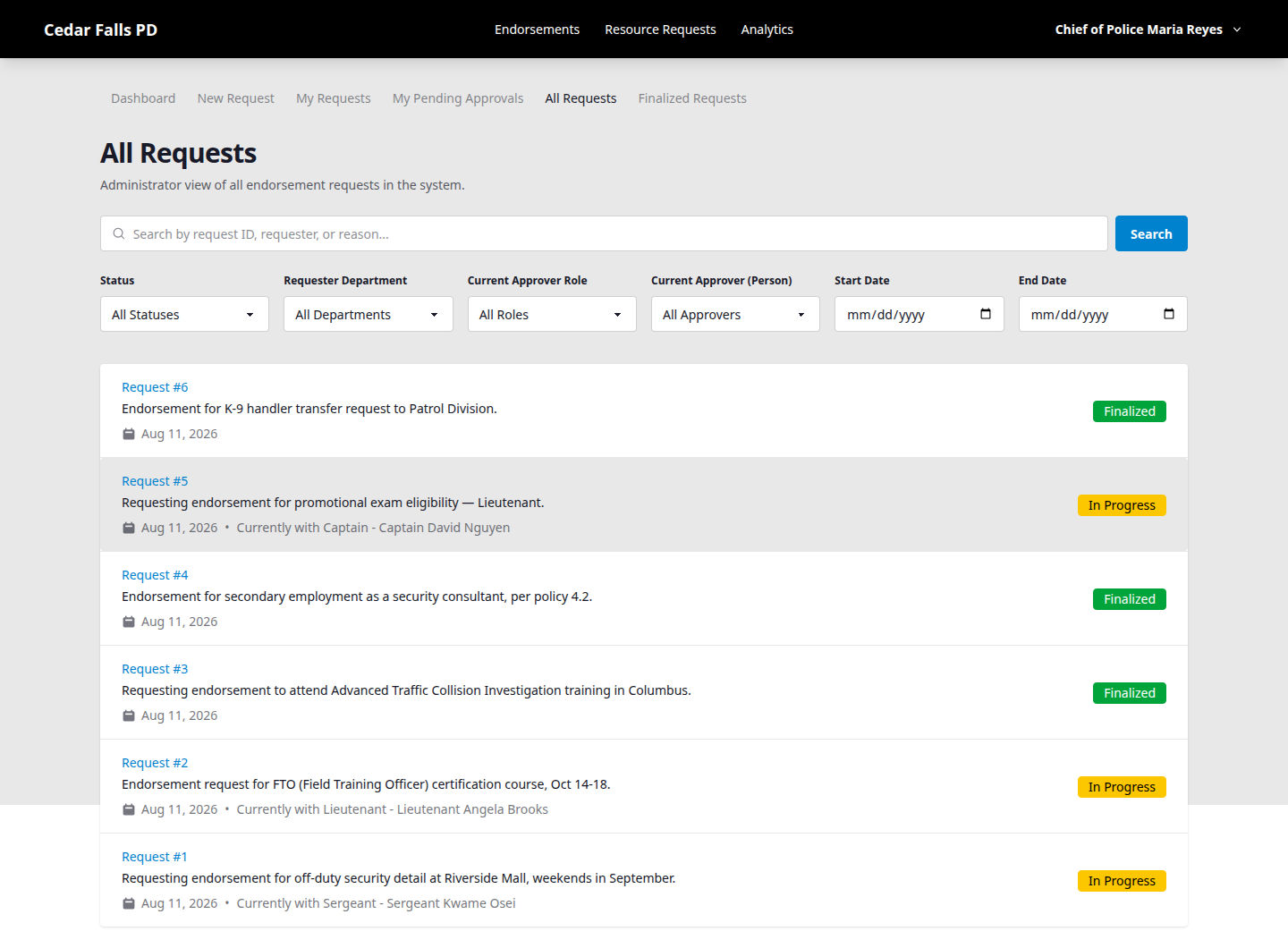 Endorsement requests list, showing status and current approver for each request
