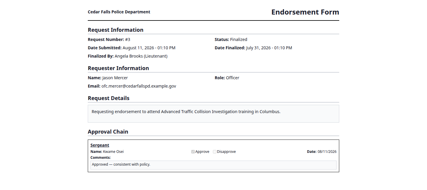 Printable, audit-ready endorsement form generated directly from a finalized request