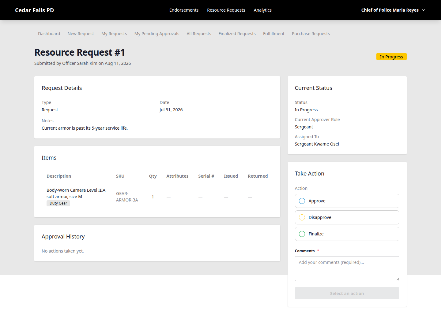 Resource request detail page showing requested equipment and fulfillment status